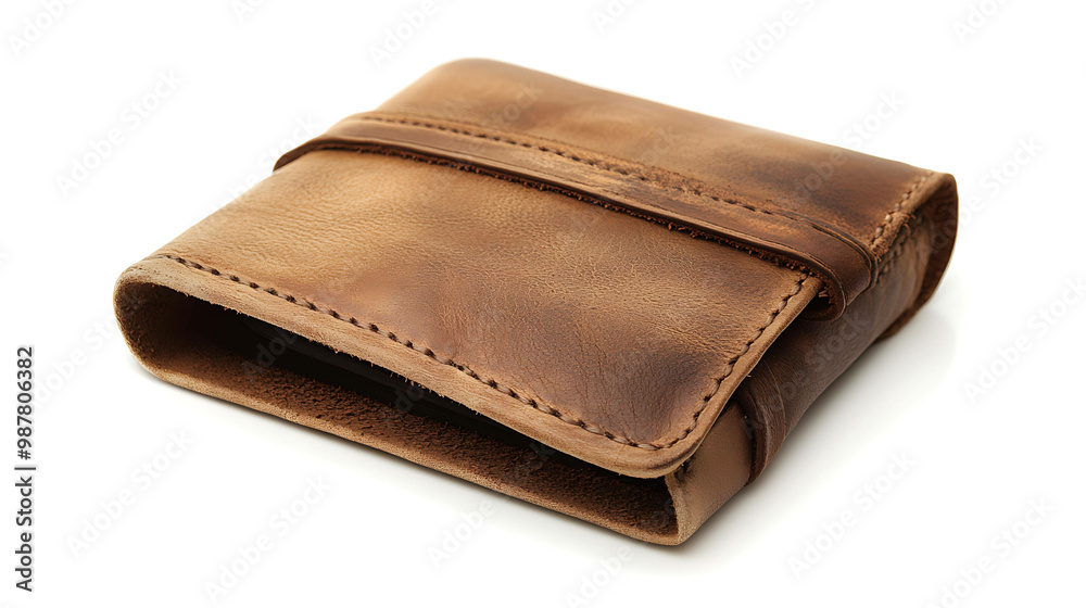 Distressed brown leather wallet with a strap closure. Distressed brown leather wallet with a strap closure.