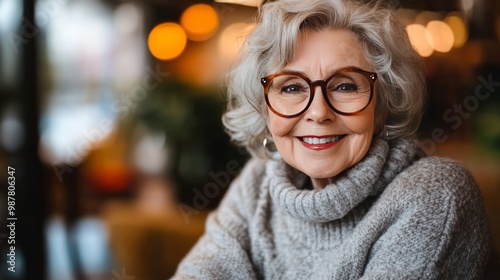 A woman with glasses and a gray sweater is smiling