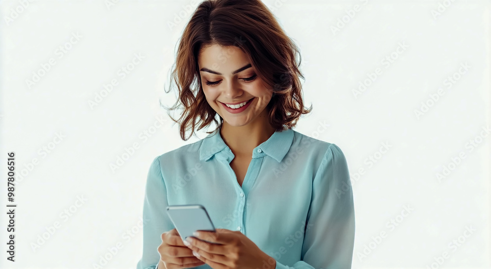 A happy woman in a light blue blouse using her phone. A happy woman in a light blue blouse using her phone.