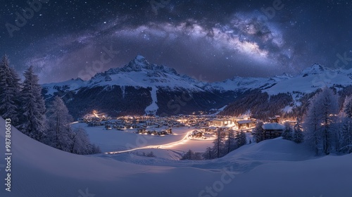 Snow-covered Upper Engadine and St. Moritz village under a starry winter sky, seen from Muottas Muragl in Switzerland.