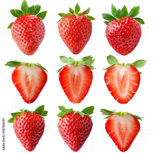 Strawberry Strawberries, many angles and view side top front sliced halved group isolated on transparent background, PNG file. 