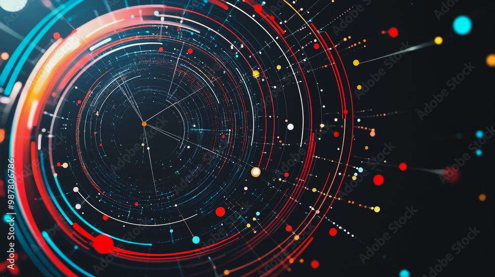Abstract black background with Colorful geometric and circle lines. Digital future technology . Abstract business connection of lines from nodes innovation of communication in the network. Abstract black background with Colorful geometric and circle lines. Digital future technology . Abstract business connection of lines from nodes innovation of communication in the network.