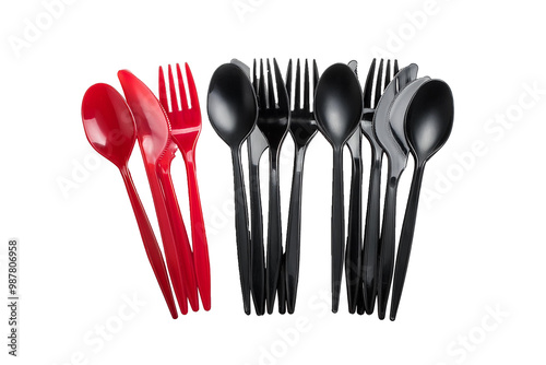 Set of Cutlery of plastic disposable colorful party spoon, fork knife on transparent background, PNG file.red black white