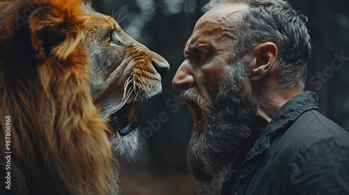 A roaring lion and a screaming man. Side view Close-up