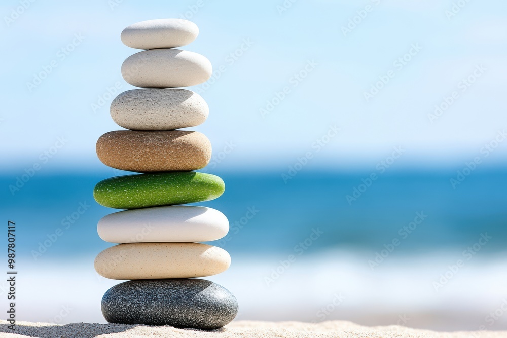 Stacked Stones on Sandy Beach with Ocean Background Stacked Stones on Sandy Beach with Ocean Background