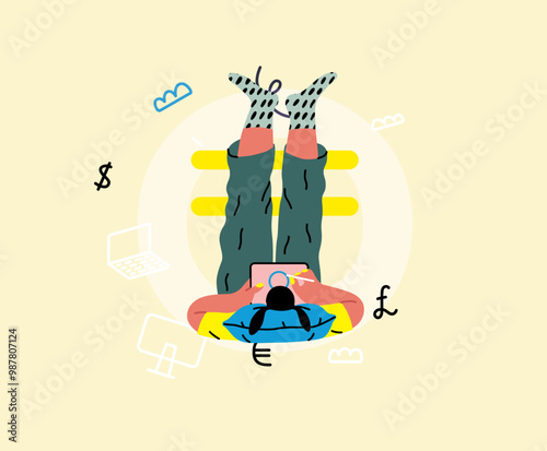 Creative workspace, modern flat vector concept illustration of a woman working laying down with a computer Remote work, flexibility, independence, efficiency, mobility, synergy, freedom