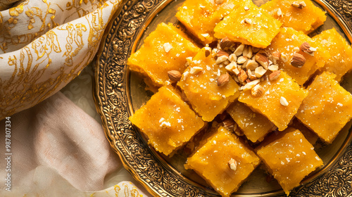 Rich, golden Sohan Halwa, cut into diamond-shaped pieces and garnished with nuts, arranged on a decorative plate photo