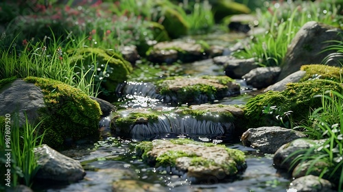 Stream stone that is covered with grass to create a green screen that seems more lovely