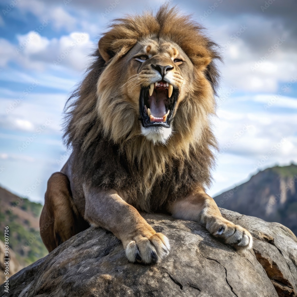 A fierce lion roaring atop a rocky mountain during a dramatic sky. Generative AI A fierce lion roaring atop a rocky mountain during a dramatic sky. Generative AI