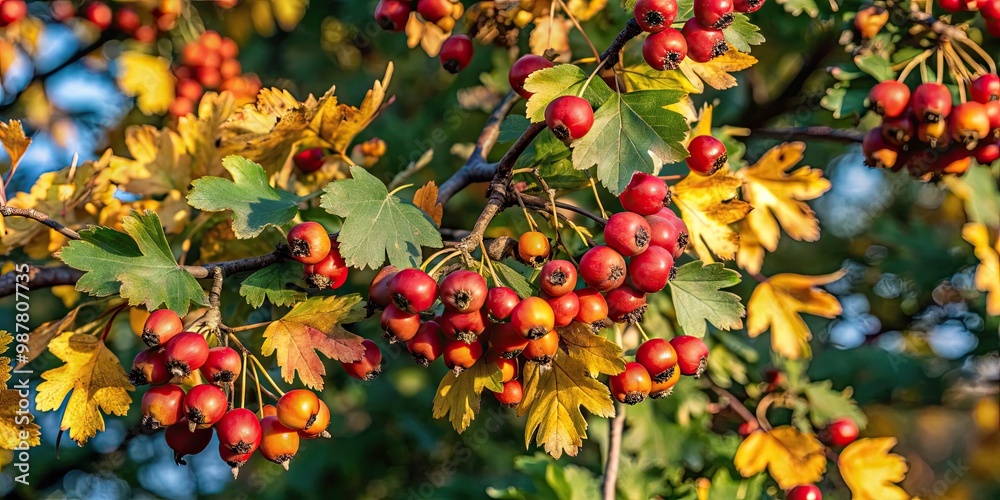 Fototapeta premium Vibrant red berries on a branch amidst autumn foliage.