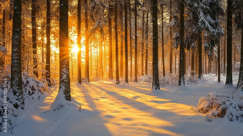 Snowy woods bathed in golden sunlight, framed by the colorful winter sunset in Switzerland Snowy woods bathed in golden sunlight, framed by the colorful winter sunset in Switzerland