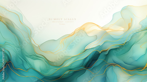 generated illustration of abstract flowing marble pastel background with golden line