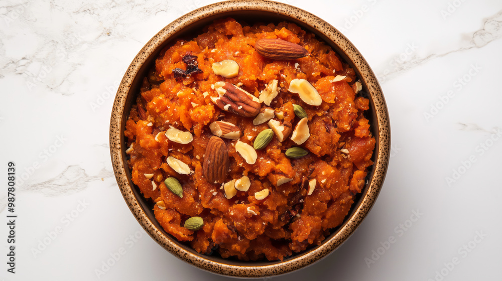 Rich, reddish-orange Gajar Ka Halwa garnished with nuts and cardamom, served in a traditional bowl Rich, reddish-orange Gajar Ka Halwa garnished with nuts and cardamom, served in a traditional bowl