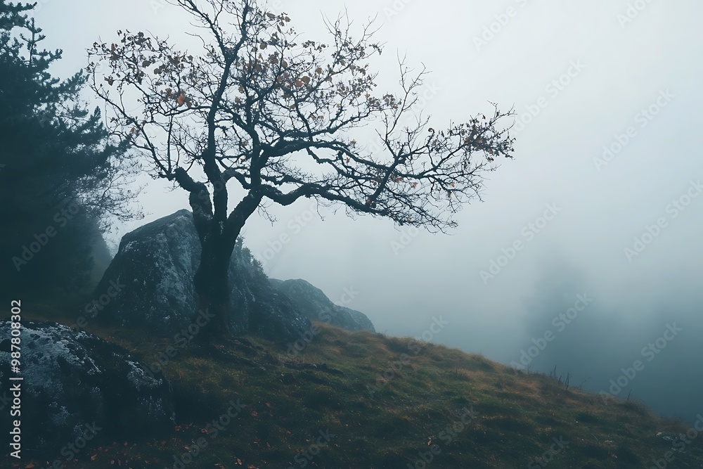 Mysterious Foggy Landscape with Lone Tree and Rock Mysterious Foggy Landscape with Lone Tree and Rock