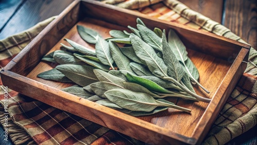 Wooden tray filled with fresh sage leaves on a plaid cloth. photo