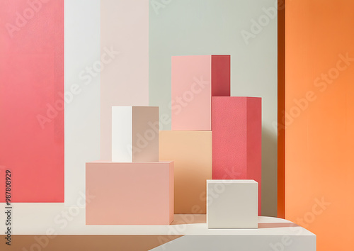 Wallpaper Mural Portrait layout of light pink wall 3D render style image pink marble podium Torontodigital.ca