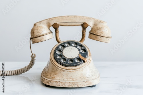 Vintage Rotary Dial Phone on White Marble Tabletop