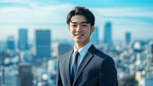 A confident young male office worker in a suit smiles against a bustling city skyline during the day