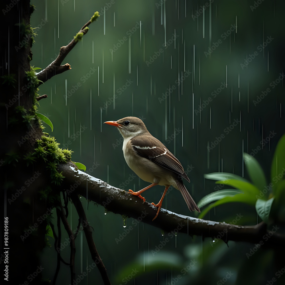 Fototapeta premium A small bird sitting on a branch in the rain. Dark forest in the background - AI generated