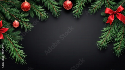 A festive border of pine branches and ornaments on a dark background, perfect for holiday designs.