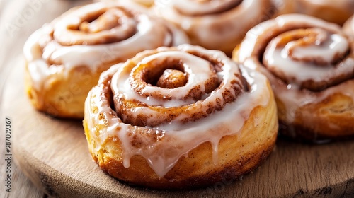 Obraz na płótnie Sweet, fluffy cinnamon rolls topped with a thick, sugary glaze. w salonie