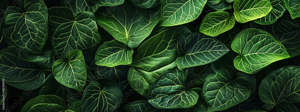 Lush green leaves with prominent veins create a vibrant, organic texture. Lush green leaves with prominent veins create a vibrant, organic texture.