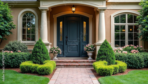 Classic style home with dark gray door and lush greenery, ideal for real estate promotion.