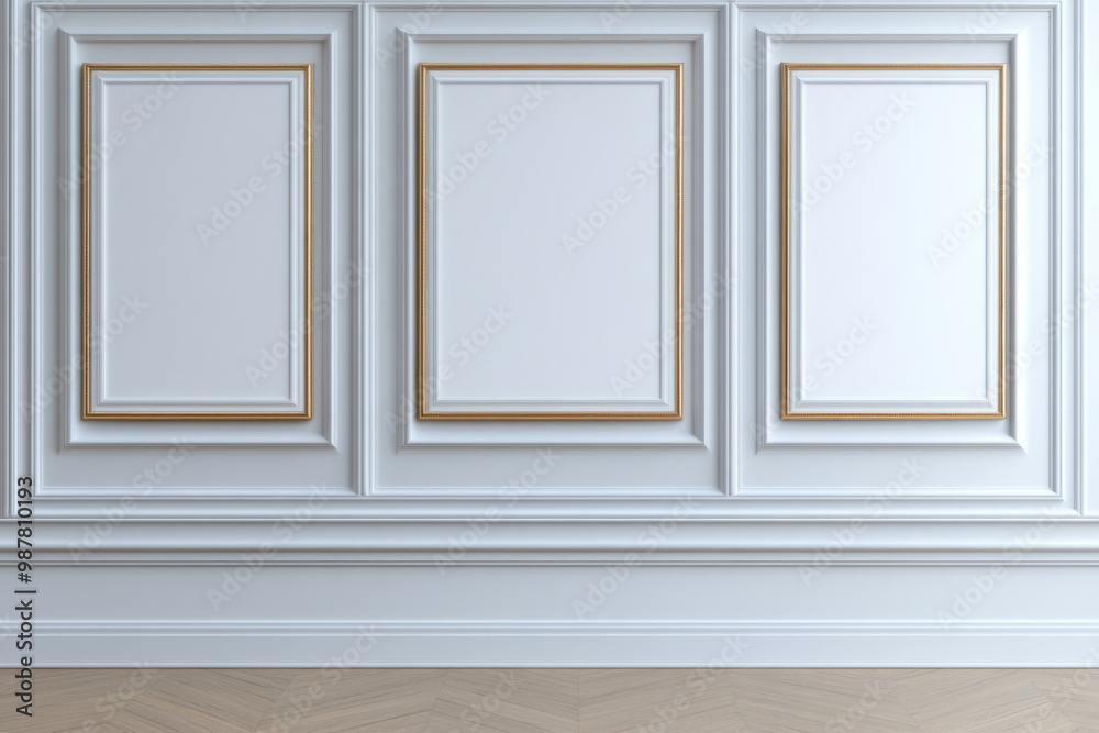 White wall with classic rectangular panels and gold trim. Luxurious interior design White wall with classic rectangular panels and gold trim. Luxurious interior design
