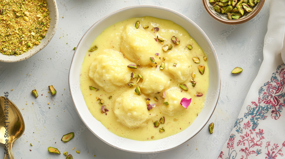 Soft, spongy Rasmalai soaked in creamy saffron milk, garnished with pistachios, served in a white bowl Soft, spongy Rasmalai soaked in creamy saffron milk, garnished with pistachios, served in a white bowl
