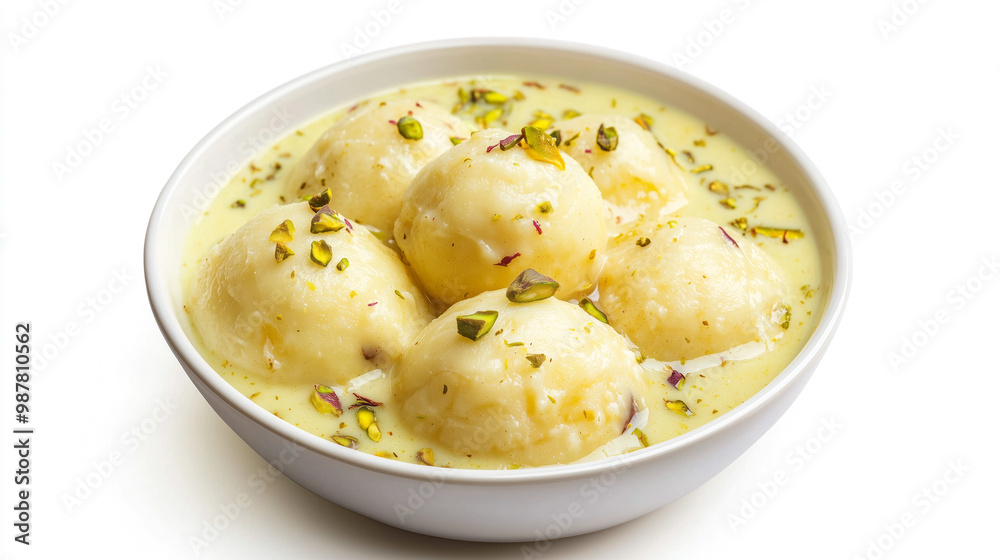 Soft, spongy Rasmalai soaked in creamy saffron milk, garnished with pistachios, served in a white bowl Soft, spongy Rasmalai soaked in creamy saffron milk, garnished with pistachios, served in a white bowl