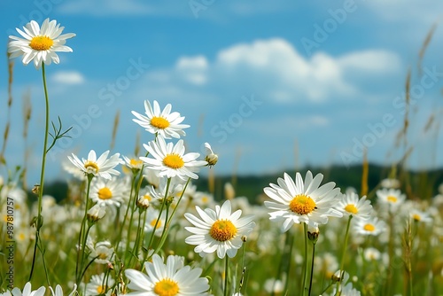 Closeup of Daisies Blooming in Field Against Blue Sky