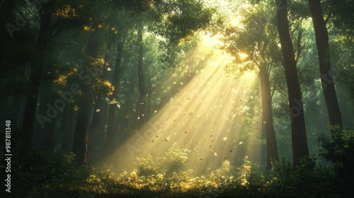 Sunbeams Illuminating a Misty Forest with Falling Leaves