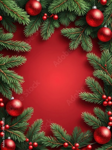 A festive border of pine branches and red ornaments on a red background for holiday designs.