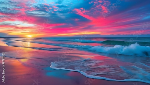 Vibrant sunset hues of pink and blue illuminate the sky over the historic Atlanterra Beach photo