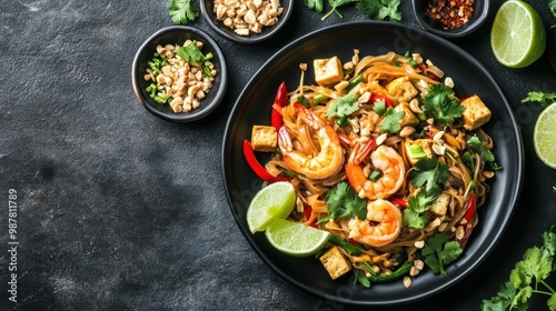 A vibrant plate of shrimp stir-fry with noodles, garnished with herbs and lime.