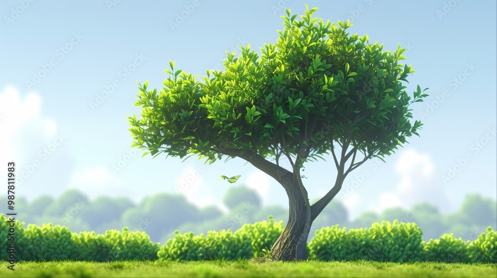 Lush green tree with a butterfly flying in front of it against a blue sky.