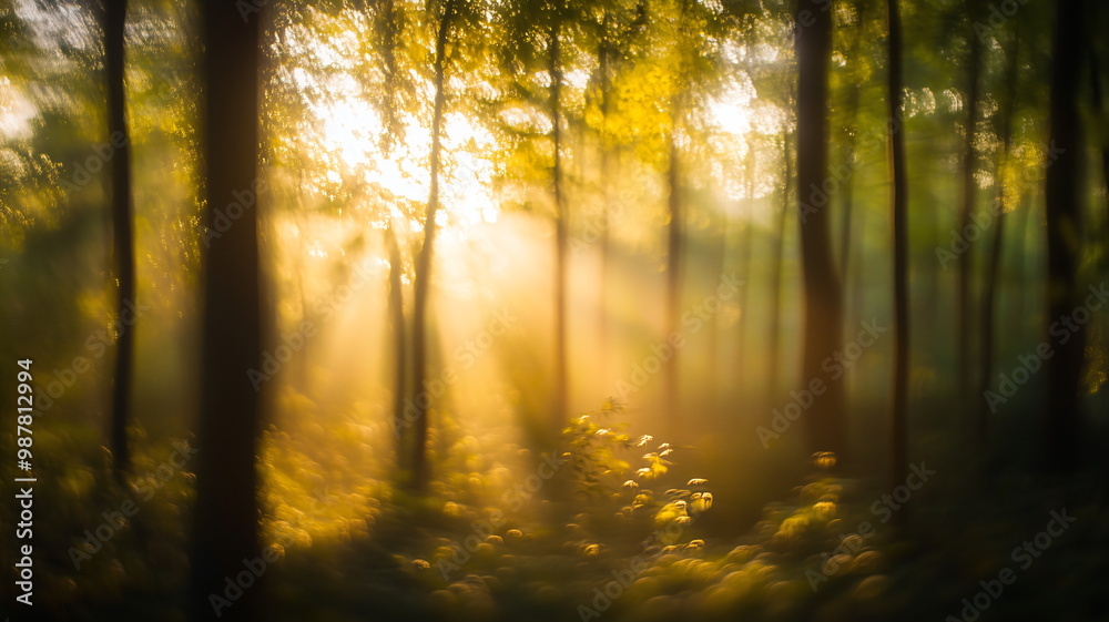 Naklejka premium Sunlight filtering through misty forest creating a peaceful, glowing atmosphere with golden rays