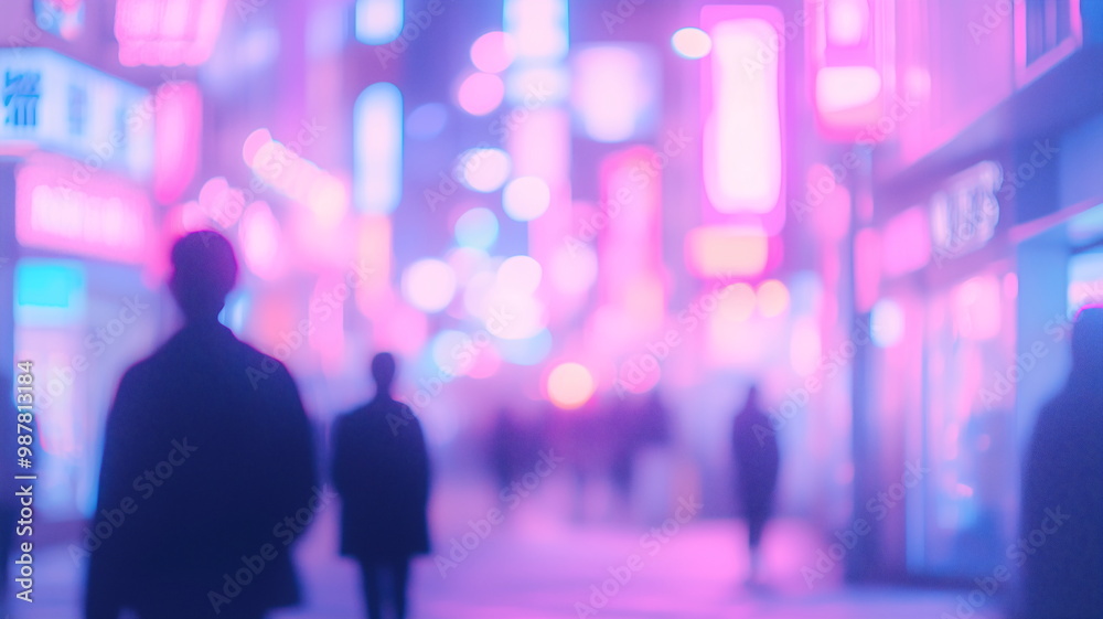 Minimalist Tokyo night scene with blurred silhouettes and vibrant neon pink and blue lights
