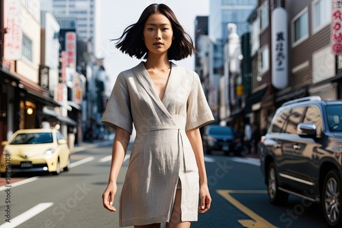 Lively Portrait of a Captivating Japanese Fashion Model in a Designer Linen Dress on a Picturesque Downtown Street