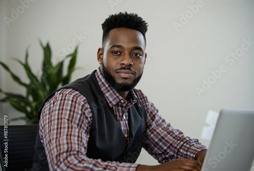 affinity and satisfaction, self motivation at the workplace, professional vest, simple background at morning, smart person portrait