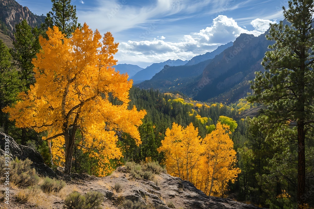 Scenic view of mountain valley with golden aspen trees in fall Scenic view of mountain valley with golden aspen trees in fall