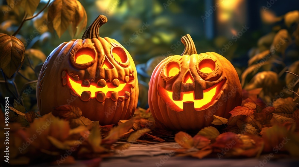 Smiling Jack-O'-Lanterns in a Fall Setting