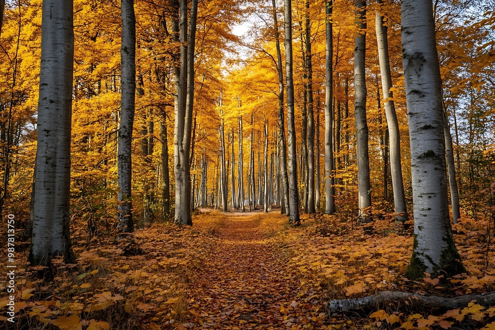 Pathway through golden autumn forest with tall trees and sunlight filtering through branches Pathway through golden autumn forest with tall trees and sunlight filtering through branches
