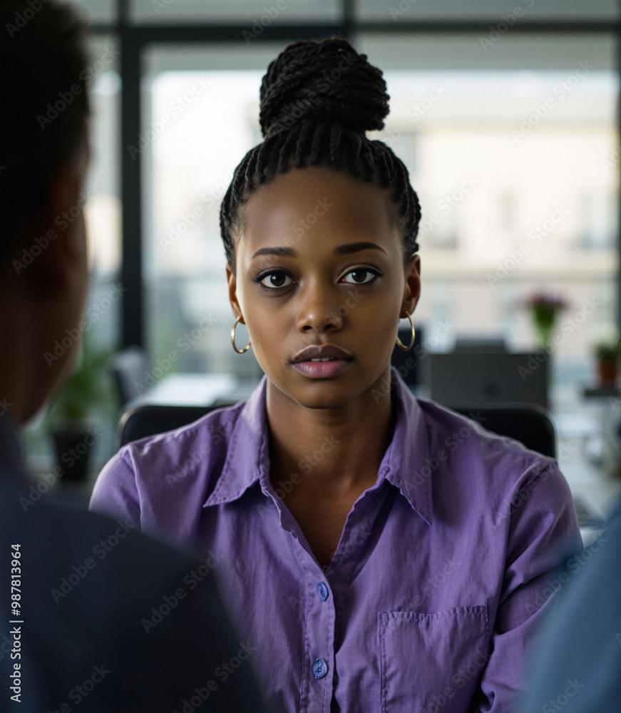 Fototapeta premium button-up shirt and simple attire, talking with colleague, new communications officer who is serious, studio lighting, purple dark blue, smart person portrait