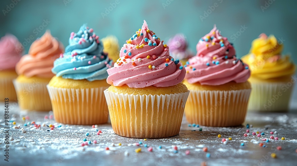 Colorful cupcakes with swirled icing and sprinkles arranged on a table. Perfect for celebrations, parties, and dessert-themed projects. Colorful cupcakes with swirled icing and sprinkles arranged on a table. Perfect for celebrations, parties, and dessert-themed projects.