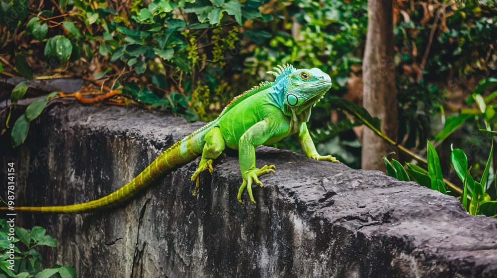 Vibrant green iguana perched alertly on wooden stump in lush tropical setting Vibrant green iguana perched alertly on wooden stump in lush tropical setting