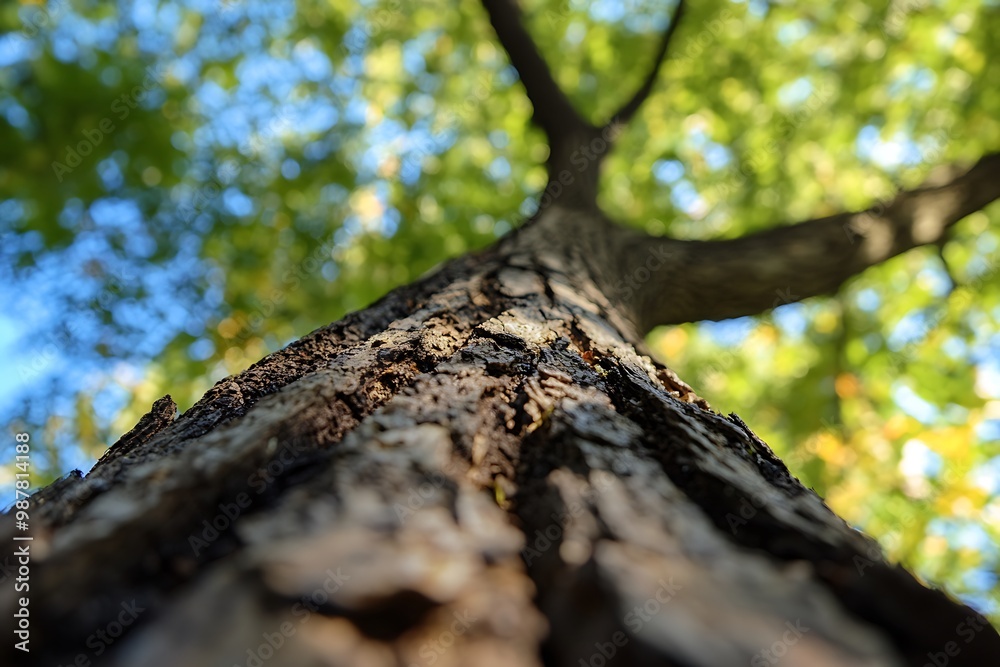 Close up of tree trunk from a low angle with green leaves in the background and blue sky Close up of tree trunk from a low angle with green leaves in the background and blue sky