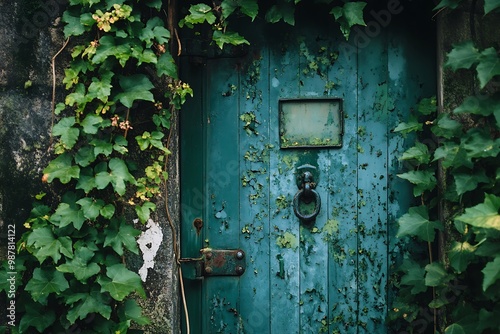 Old, weathered green door with ivy growing around it. Concept of mystery, secret, entrance, forgotten, abandoned