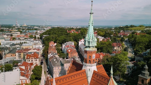 Aerial footage of a drone, Panoramic view of the city of Krakow. Catholic сhurch in Krakow.  St. Joseph's Church, Krakow Poland	