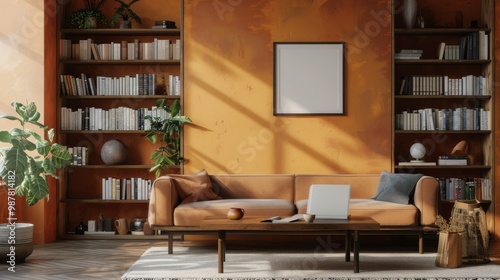 Small 50x70 poster mockup in a minimalist industrial chich living room, bookshelf, coffee table, laptop, warm colors  photo